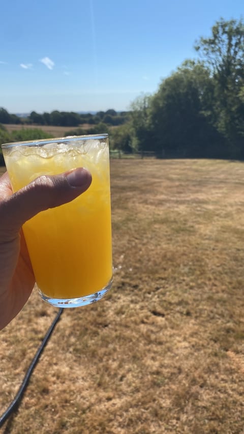 A glass of iced orange juice from the customer on a hot summer day, looking over the fields