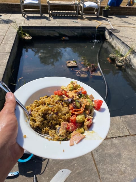 Lunch made by the customer, quinoa and salad, beside the pond I was cleaning